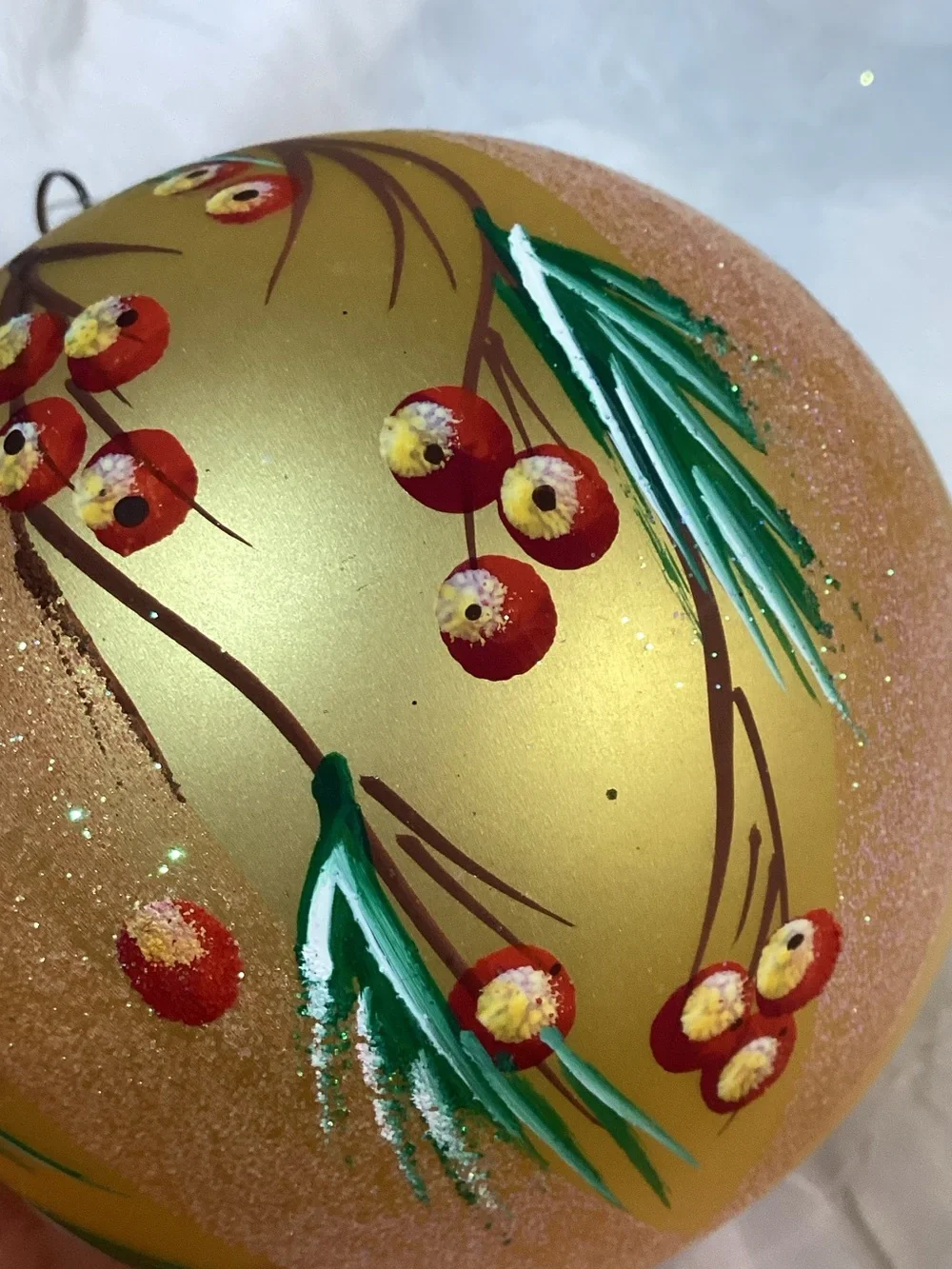 Hand-Painted Gold Glitter Holiday Pine Tree Themed Ornament Set Larger Size